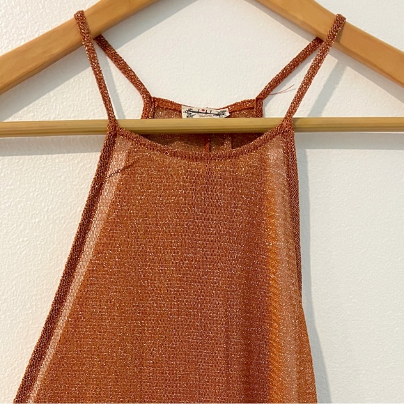Free People Mesh Sheer Sparkle Metallic Bronze Slip Midi Dress NWOT - Picture 3 of 11